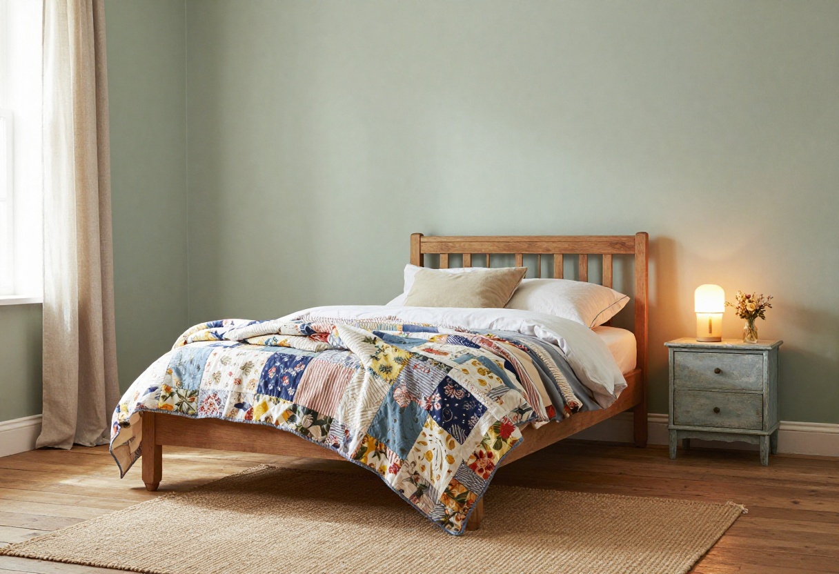 Cozy English cottage bedroom with a vintage bed, floral bedding, and soft natural light.