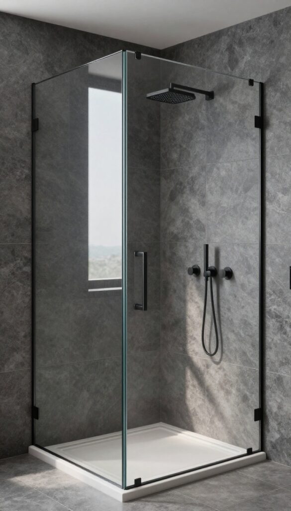 Modern walk-in shower with frameless glass and matte black fixtures against dark gray tile