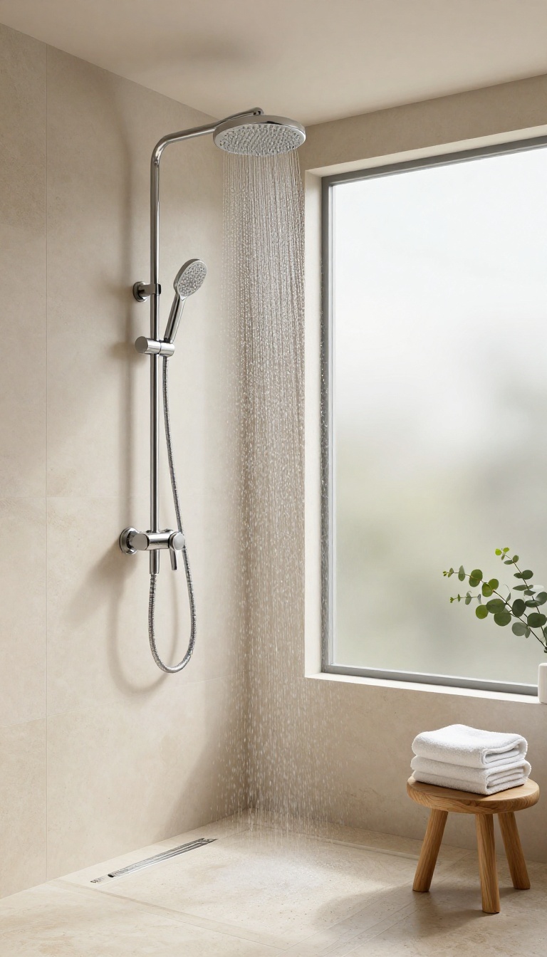 Bright quadrant shower room with a ceiling-mounted rainfall shower head and soft natural light