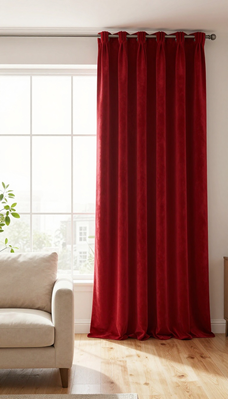 Bright living room with floor-to-ceiling red velvet curtains hung high and wide, framing a sunlit window and adding dramatic warmth to a neutral space