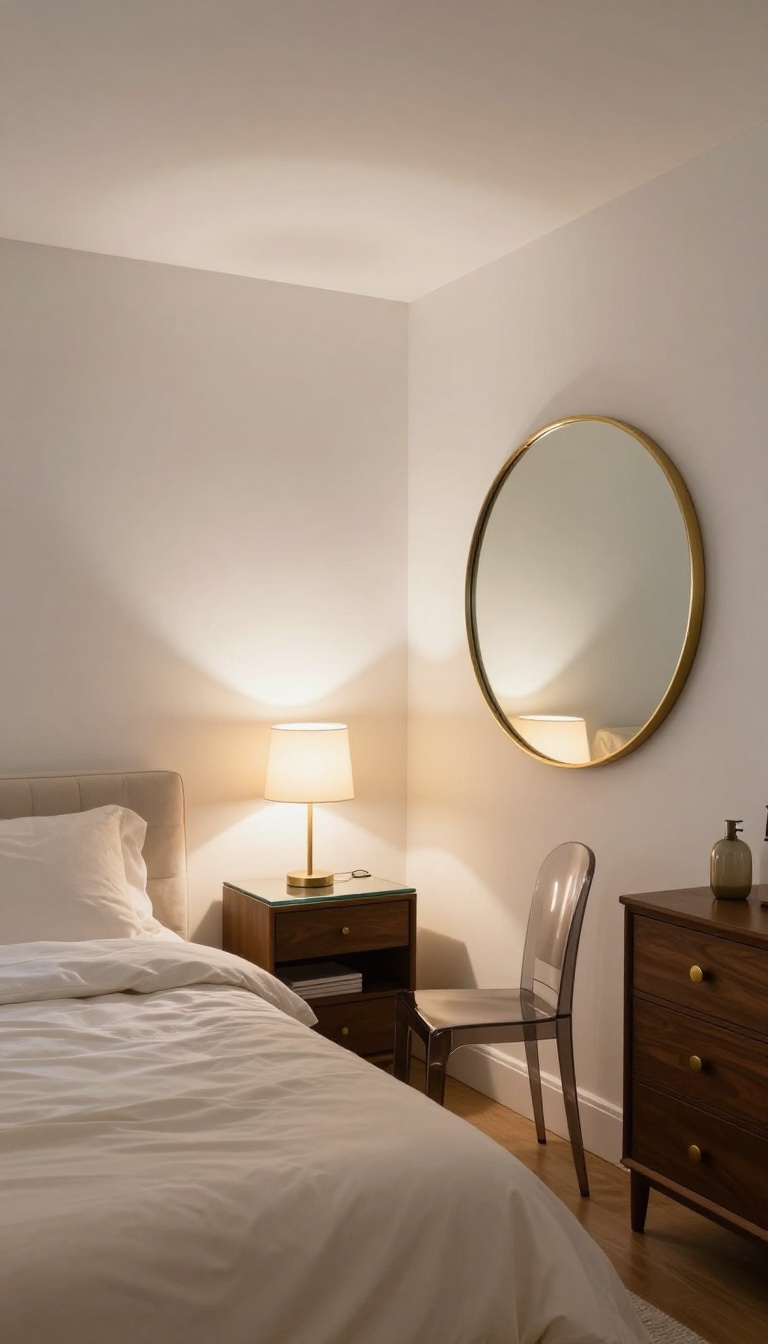 Cozy windowless basement bedroom with glossy painted walls and ceiling, a large brass mirror, glass nightstand, and warm metallic accents reflecting light to make the space feel bright and open