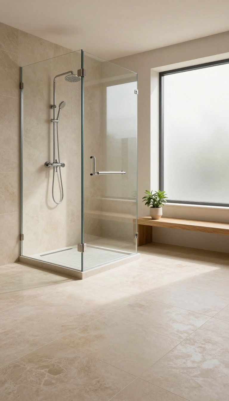 Modern walk-in shower with heated floor, featuring natural stone walls, rainfall showerhead, and warm tile flooring, evoking a spa-like atmosphere.