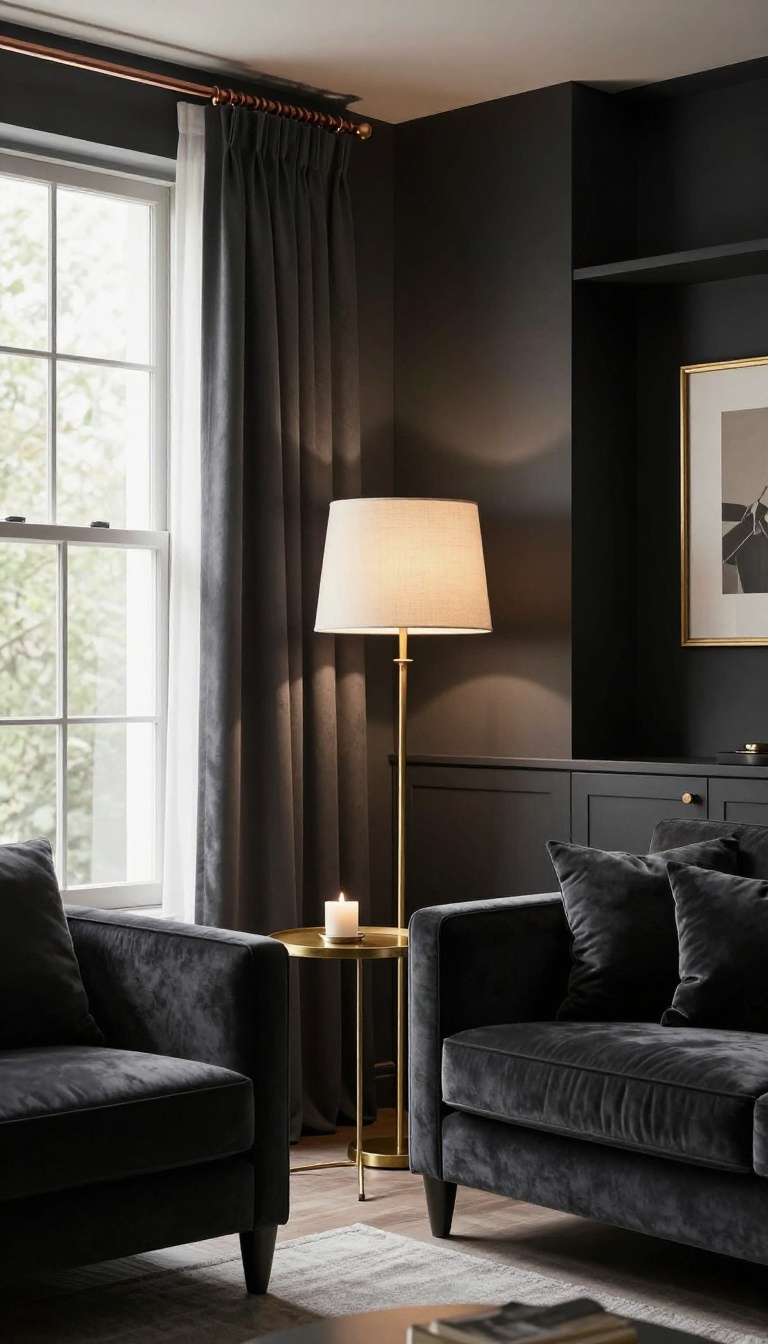 Black living room with warm brass, copper, and antique gold accents glowing in natural light