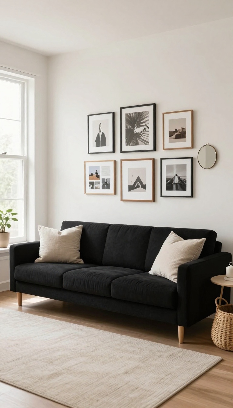 Bright living room with a black couch and a mixed gallery wall of framed art, photos, and a small mirror above it
