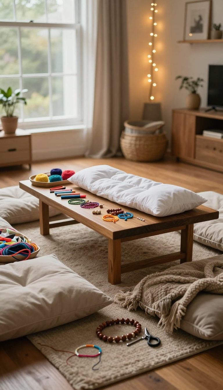 Cozy living room floor setup with craft supplies for a sleepover DIY session, including bracelet threads, fabric markers, beads, and a pillowcase on a low table