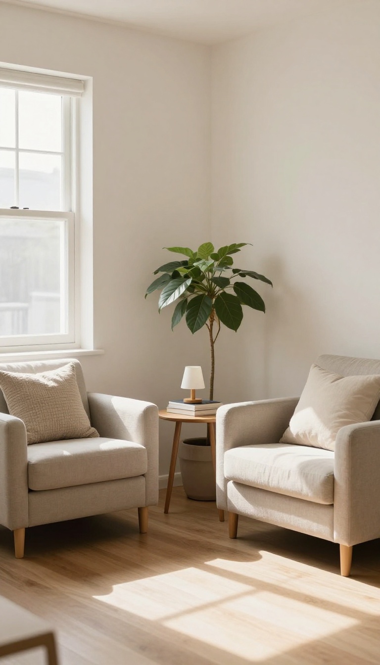 Cozy small living room corner with a compact loveseat, accent chair, slim side table, and potted plant in bright natural light