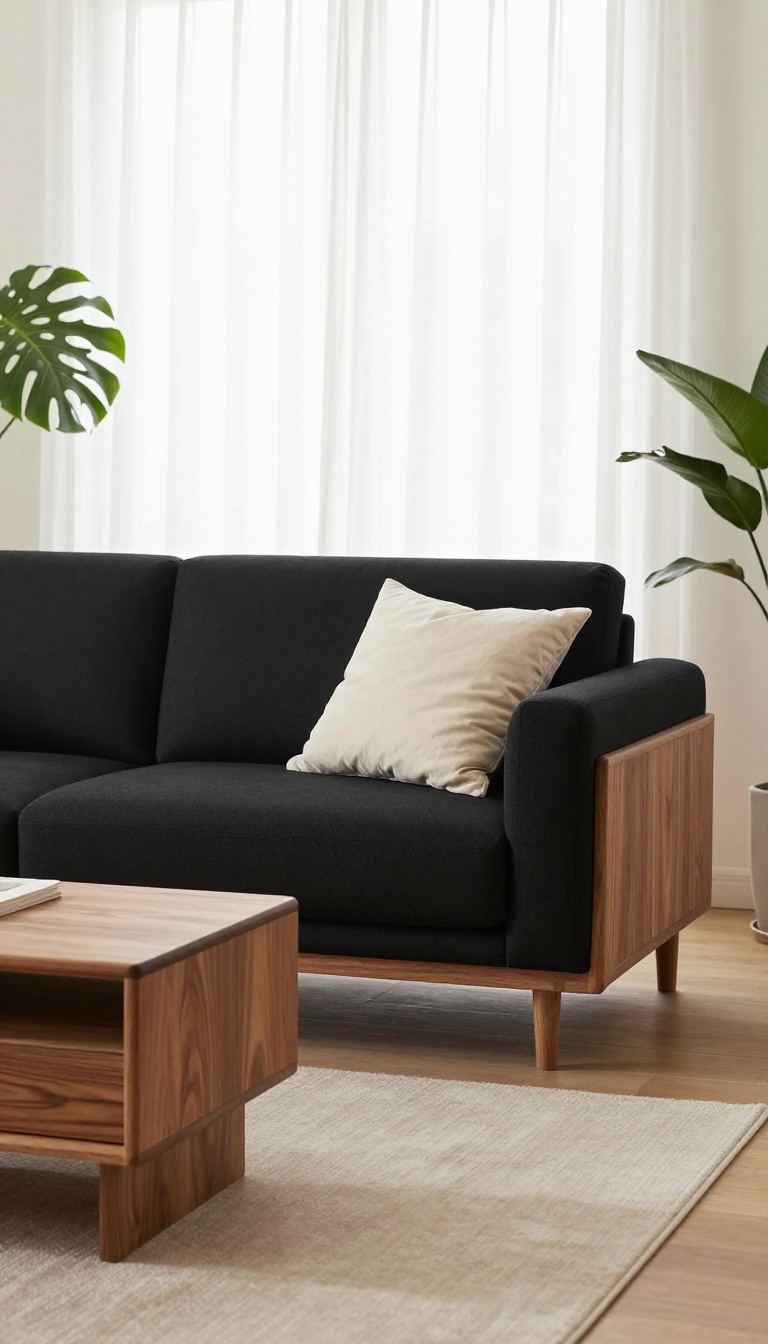 Bright living room with a black couch styled with a warm walnut wood coffee table and wooden side table in natural daylight