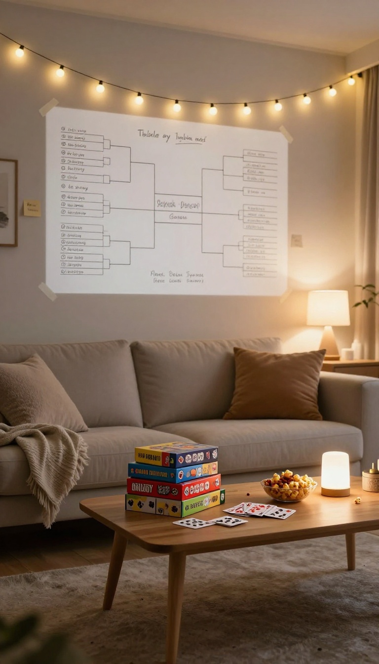 Cozy living room coffee table set up for a board game tournament night with snacks, cards, and a bracket on the wall