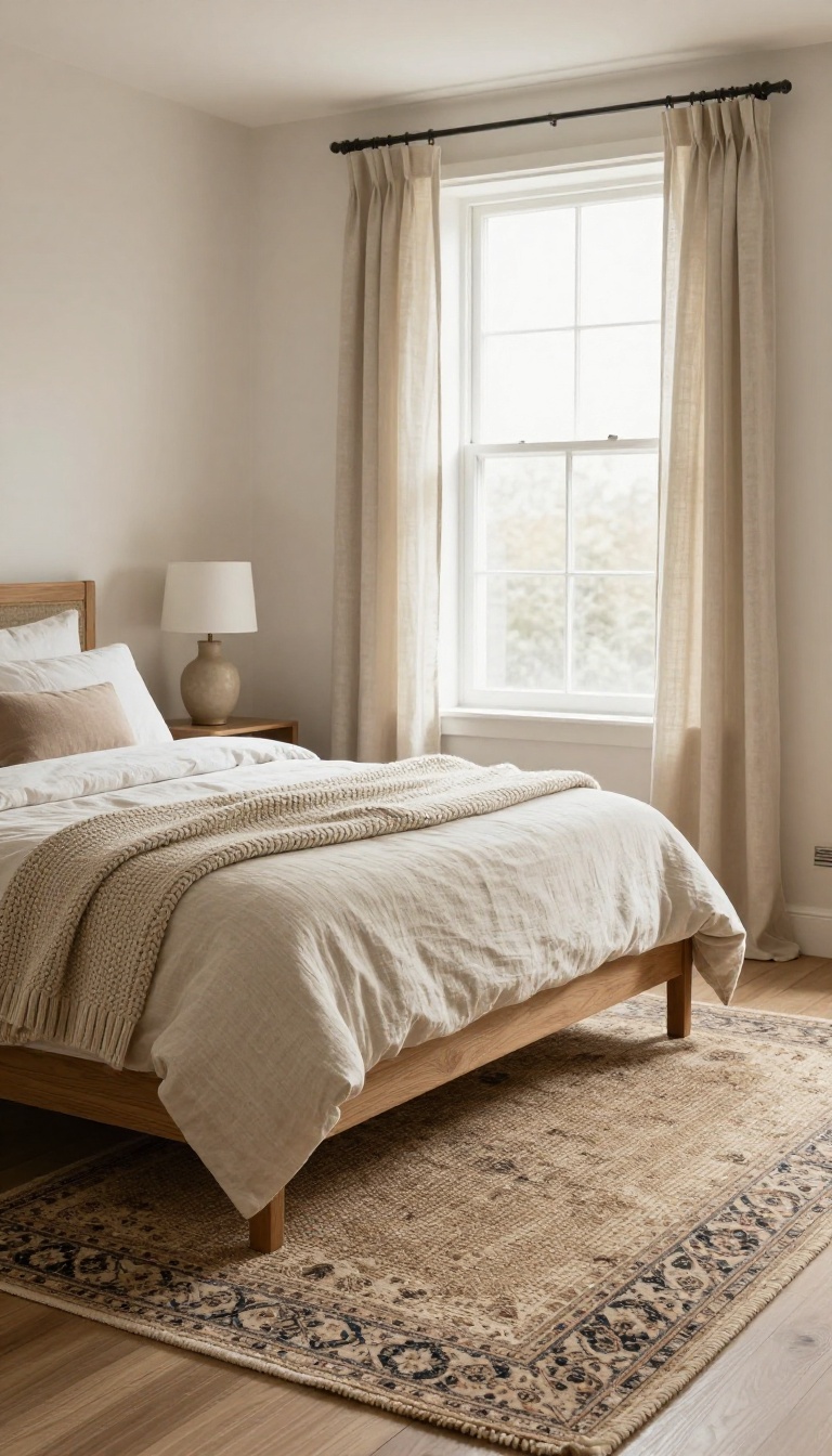 Cozy classic bedroom with a large jute rug under the bed and a layered vintage rug on top, styled with neutral linen bedding and a chunky knit throw