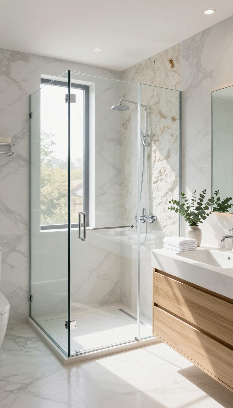 Bright master bathroom with a frameless glass shower enclosure, marble-look tile, and natural light