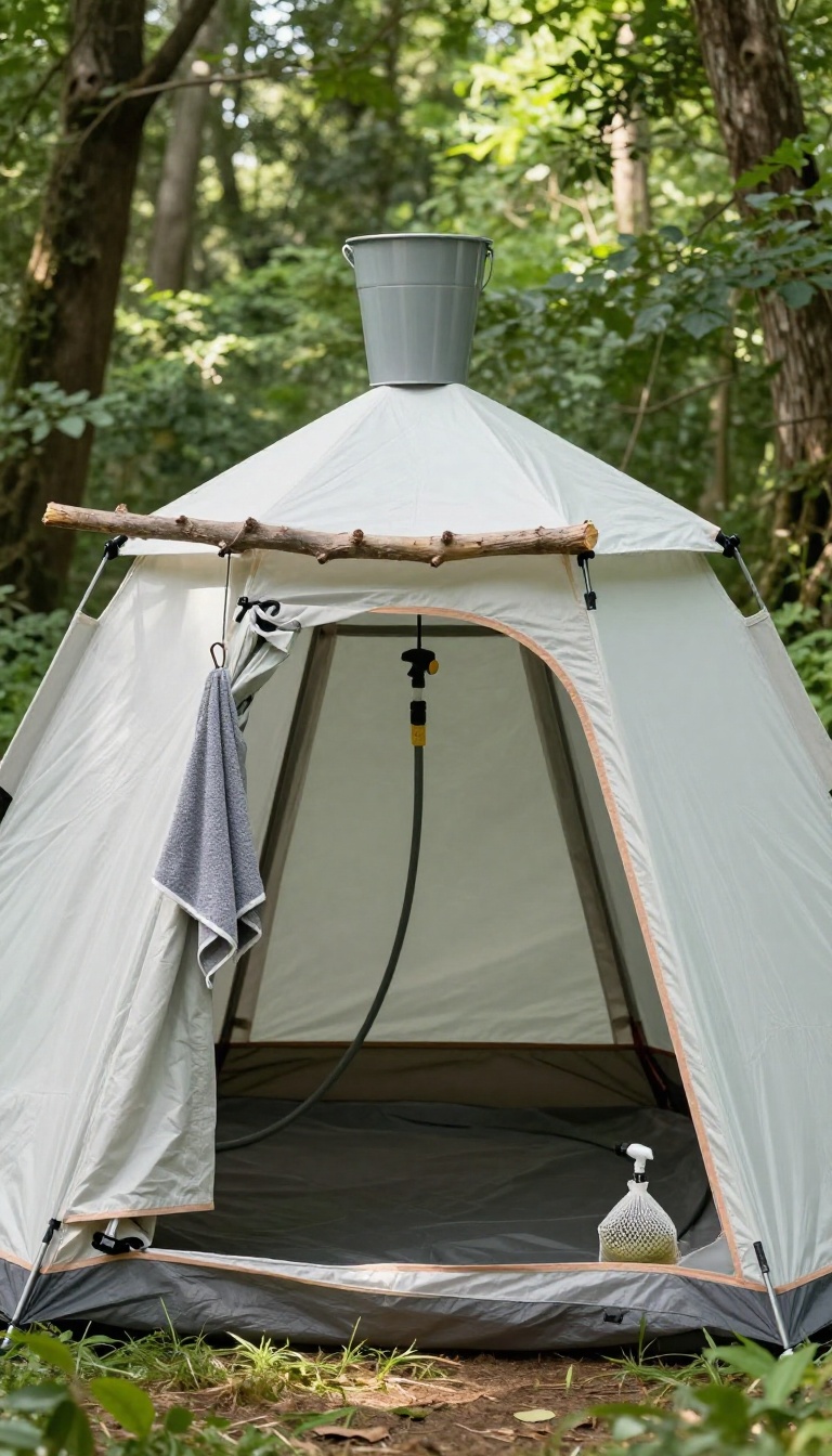 A privacy shower tent with a bucket-and-rope system set up at a campsite in a forest, with natural light and a clean, inviting composition.