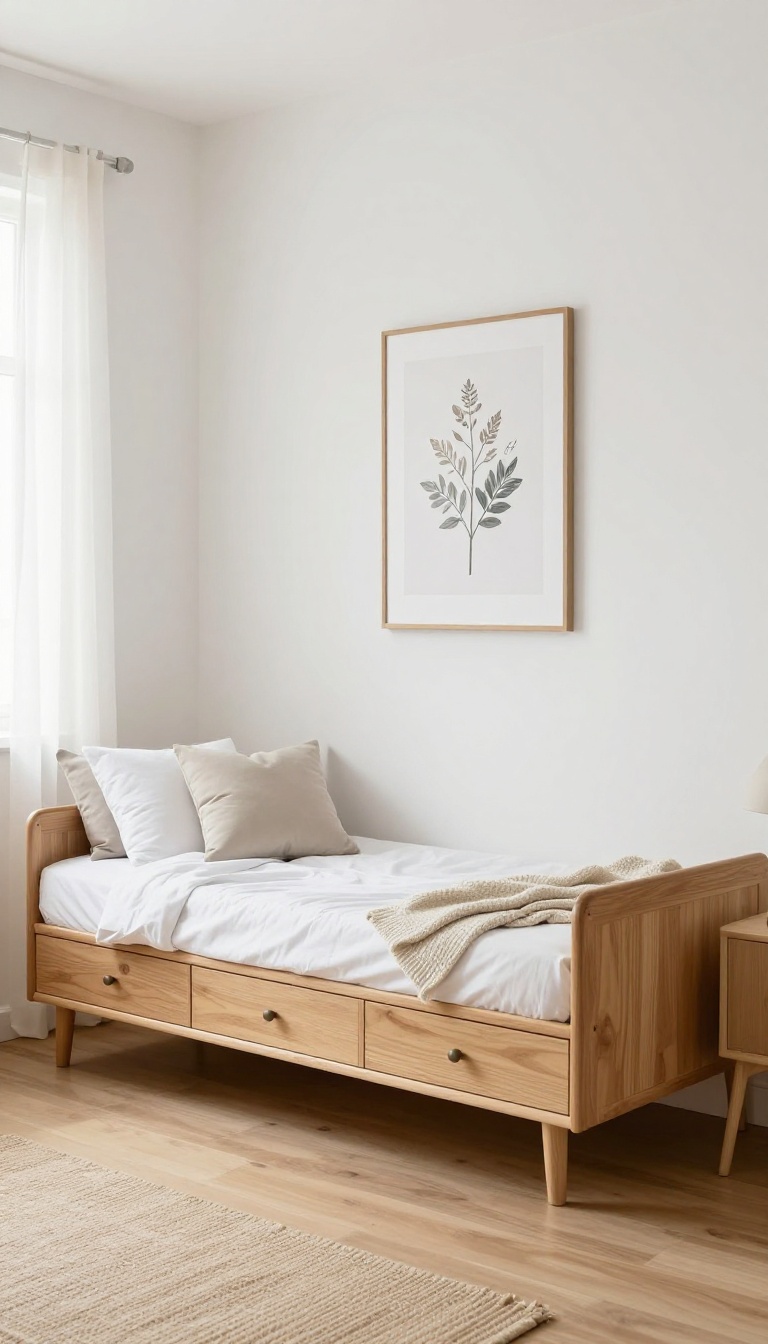 Small spare bedroom with a wooden daybed that has deep built-in storage drawers underneath, styled with white bedding and soft neutral pillows in bright natural light