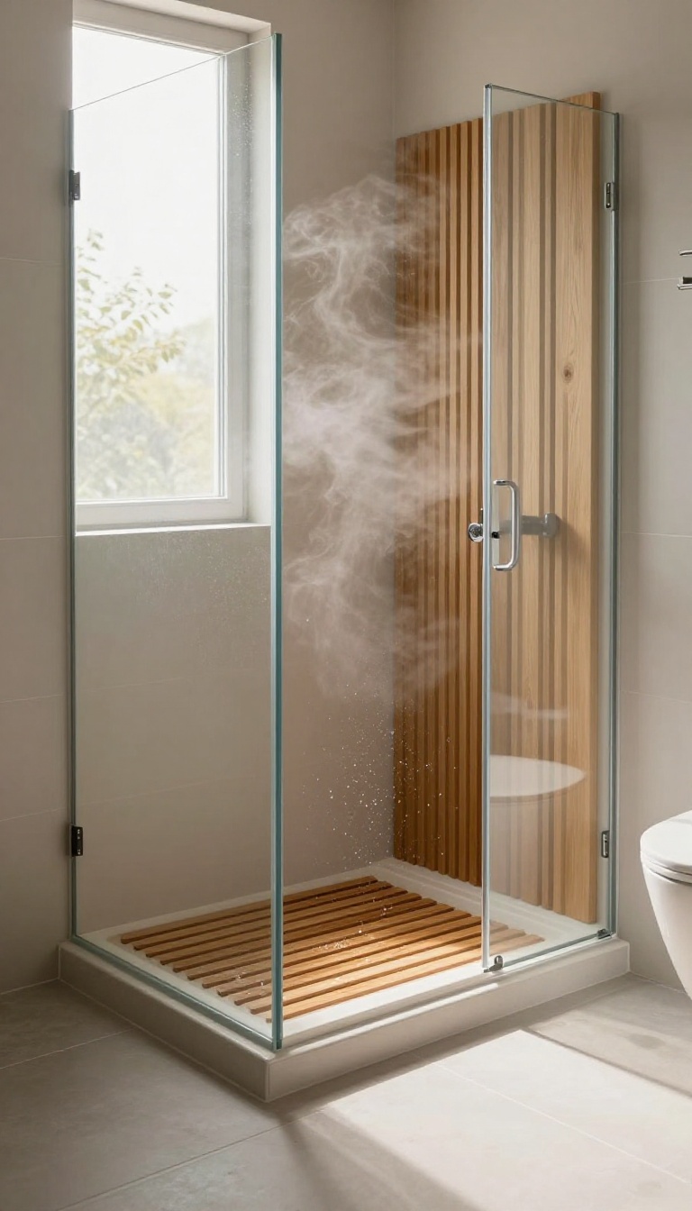 Slatted teak wood shower mat on a light gray tile shower floor with warm natural light and soft steam