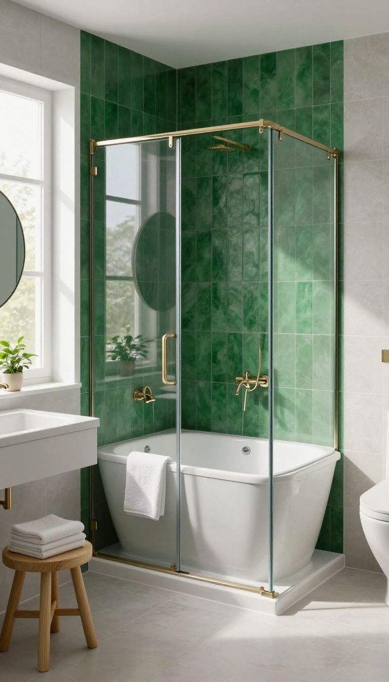 Small bathroom with neutral palette and bold emerald green accent tile in the shower