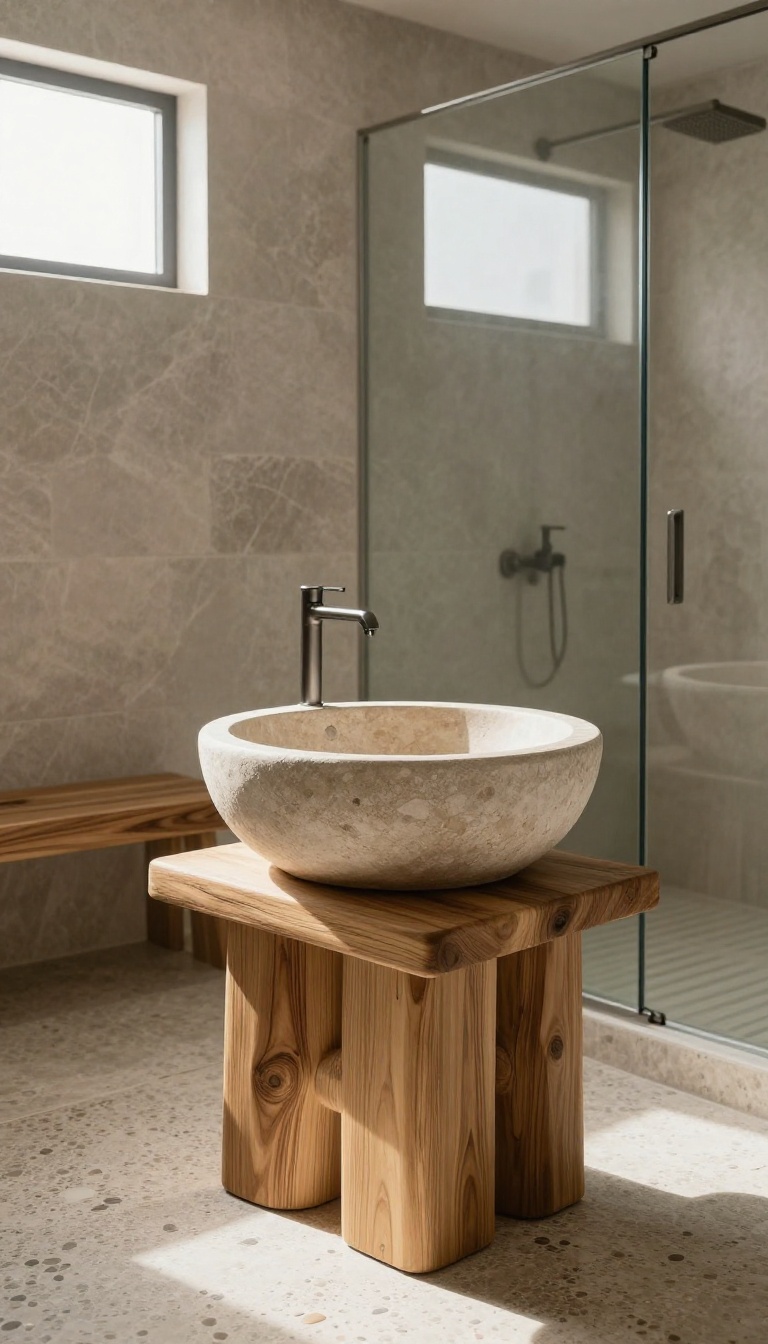 Modern bathroom with teak wood stool, stone vessel sink, and stone-textured wall, featuring a glass shower with a teak bench and pebble floor tiles.