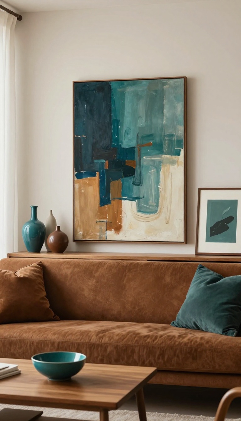 Warm modern living room with brown sofa, large teal and sienna abstract painting above it, and a console styled with teal and brown ceramic vases