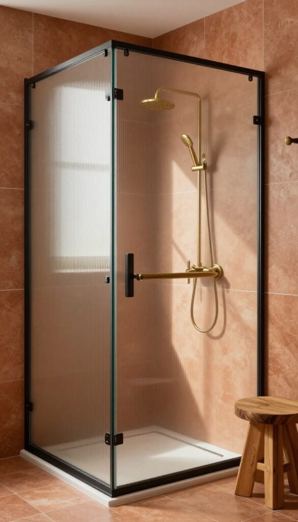 Modern bathroom with a ribbed textured glass shower screen, warm brass fixtures, and natural light casting soft shadows.