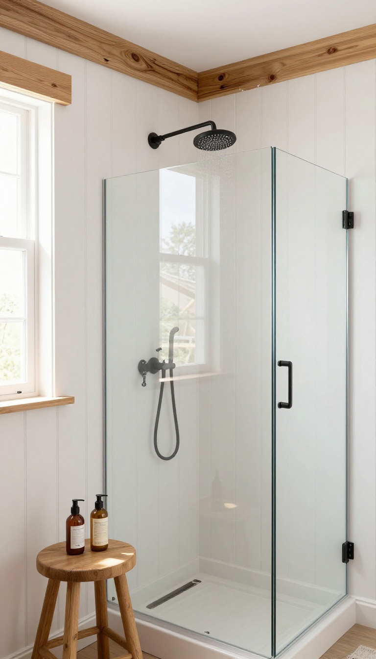 Rustic shower with beadboard wainscoting and a wooden cap shelf