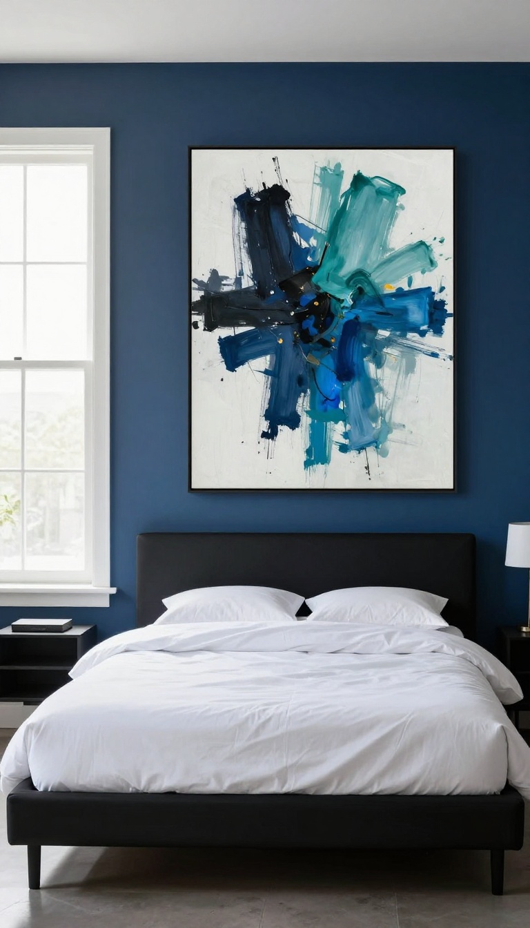 Modern black and blue bedroom with a large abstract painting in navy and teal brushstrokes hanging above a black platform bed with white bedding