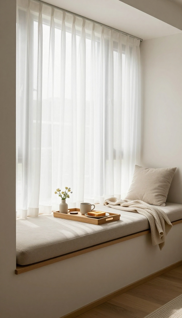 Cozy living room window seat with a soft cushion, a small wooden tray holding a coffee mug and toast, and a tiny vase of flowers in bright natural light.