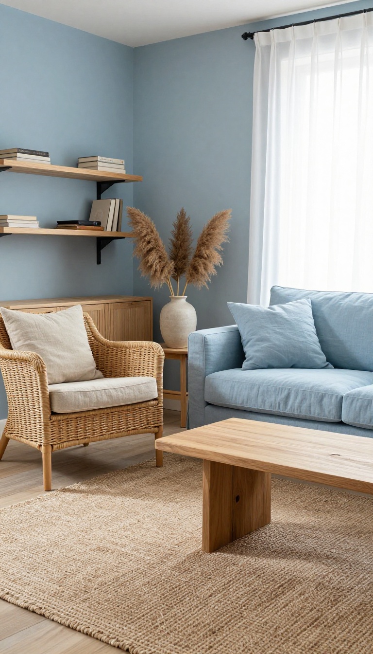 Light blue living room with rattan chair, jute rug, linen sofa, and warm oak wood furniture in bright natural light