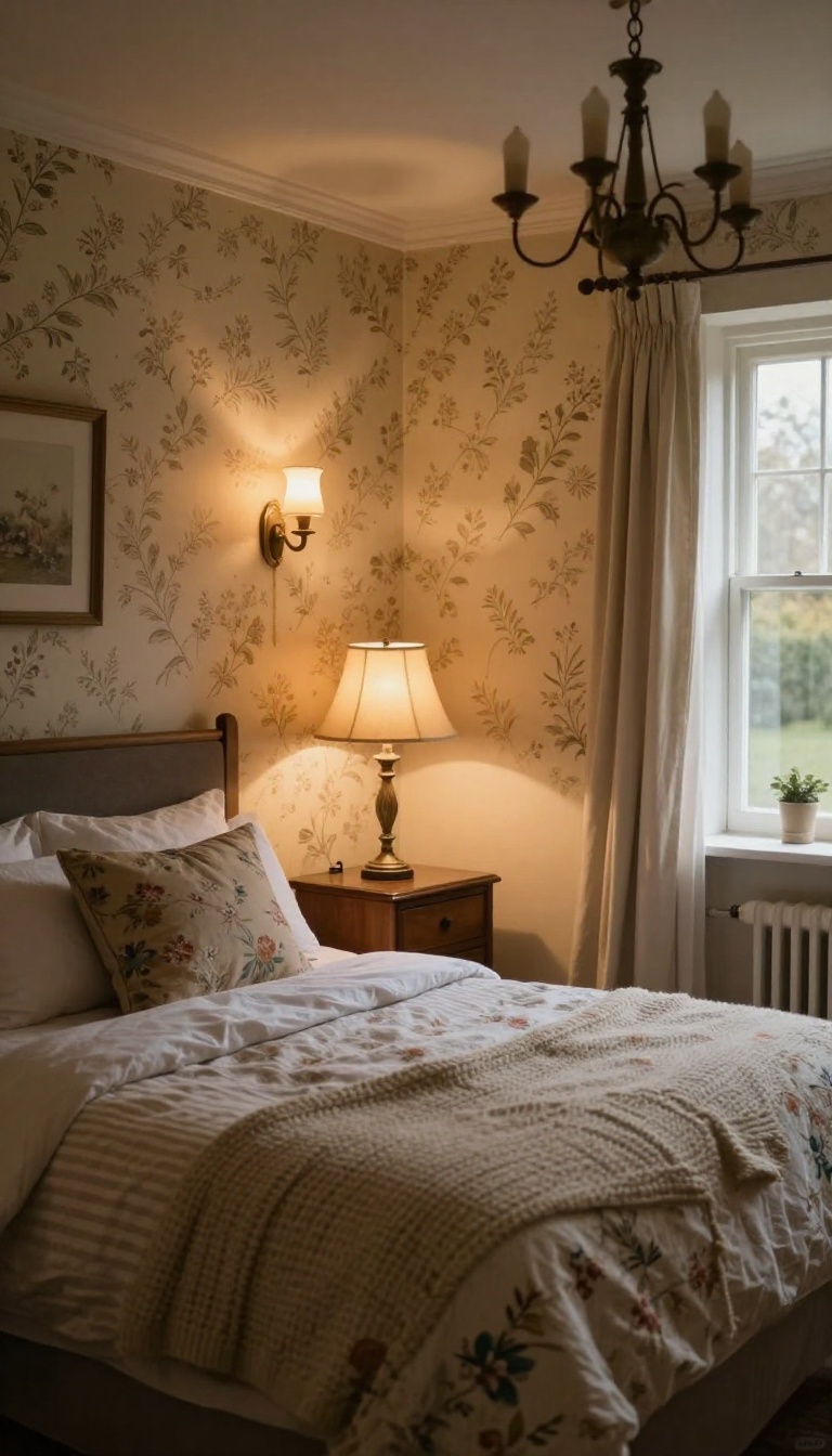 Cozy English cottage bedroom with warm layered lighting from a vintage table lamp, wall sconce, and chandelier, floral bedding, and soft evening glow
