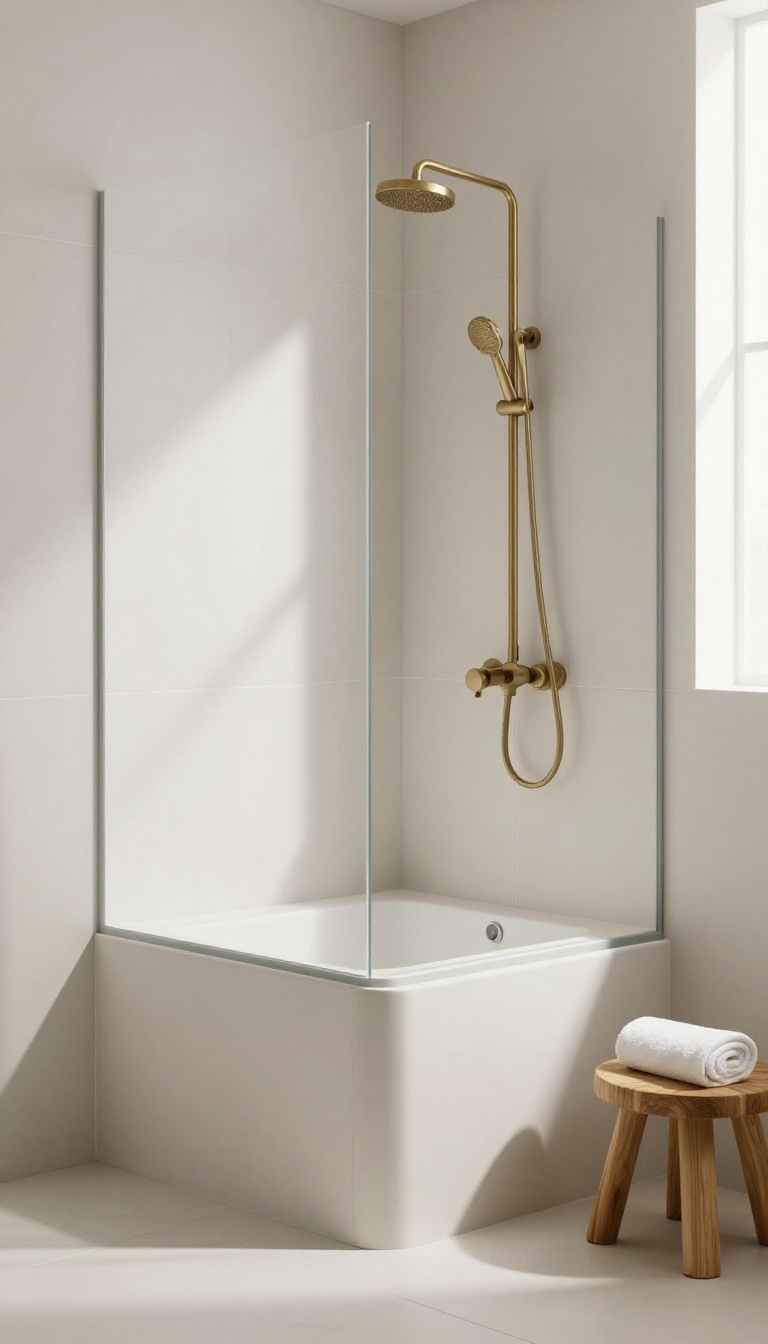 Modern small shower with a tiled triangular corner seat that fits flush into the corner, lit by bright natural light