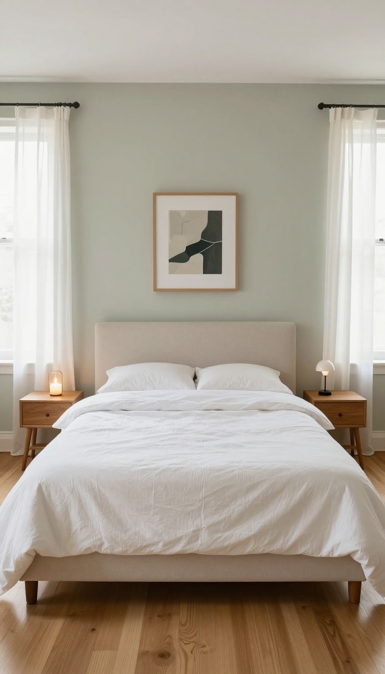 Small square bedroom with a centered bed and matching nightstands on both sides in bright natural light