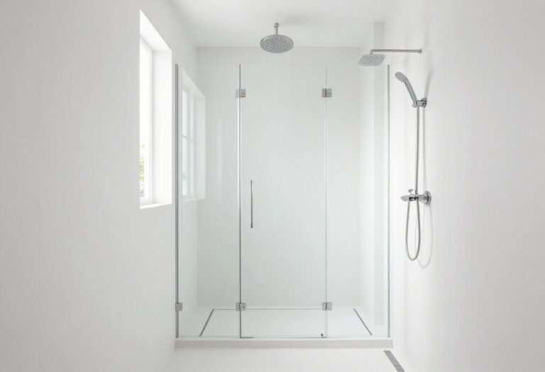 Modern walk-in shower with frameless glass and rainfall showerhead