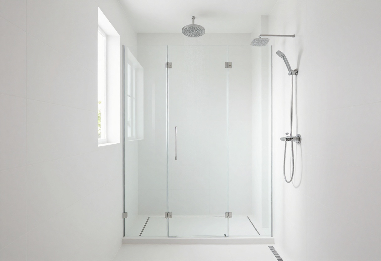 Modern walk-in shower with frameless glass and rainfall showerhead