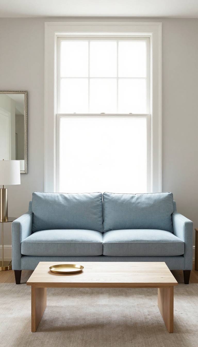 Light blue couch in a bright serene living room styled with a brushed nickel lamp, silver-framed mirror, and soft gold tray on a coffee table