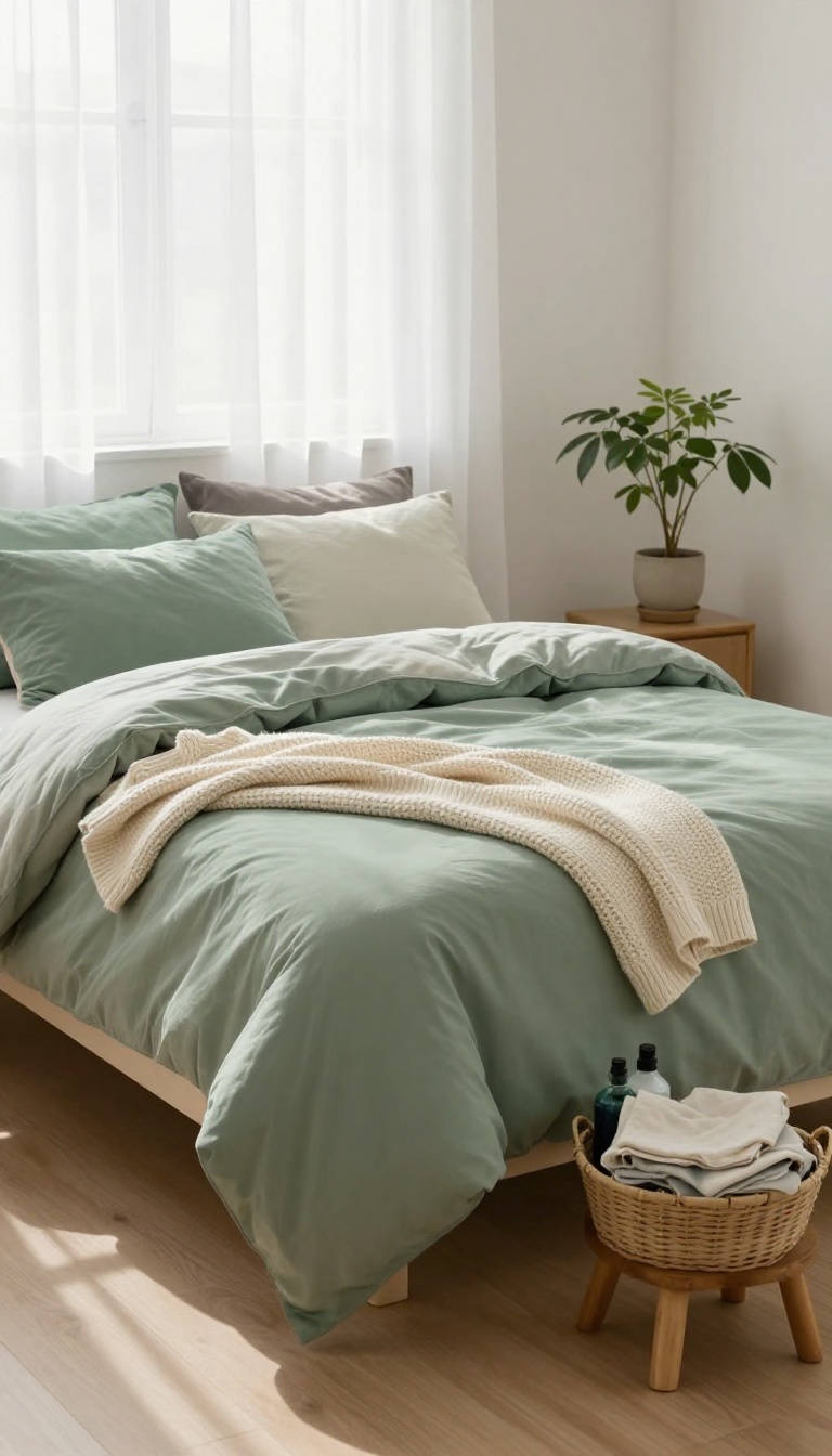 Cozy budget-friendly green bedroom with layered thrifted bedding, a sage green comforter, and natural morning light