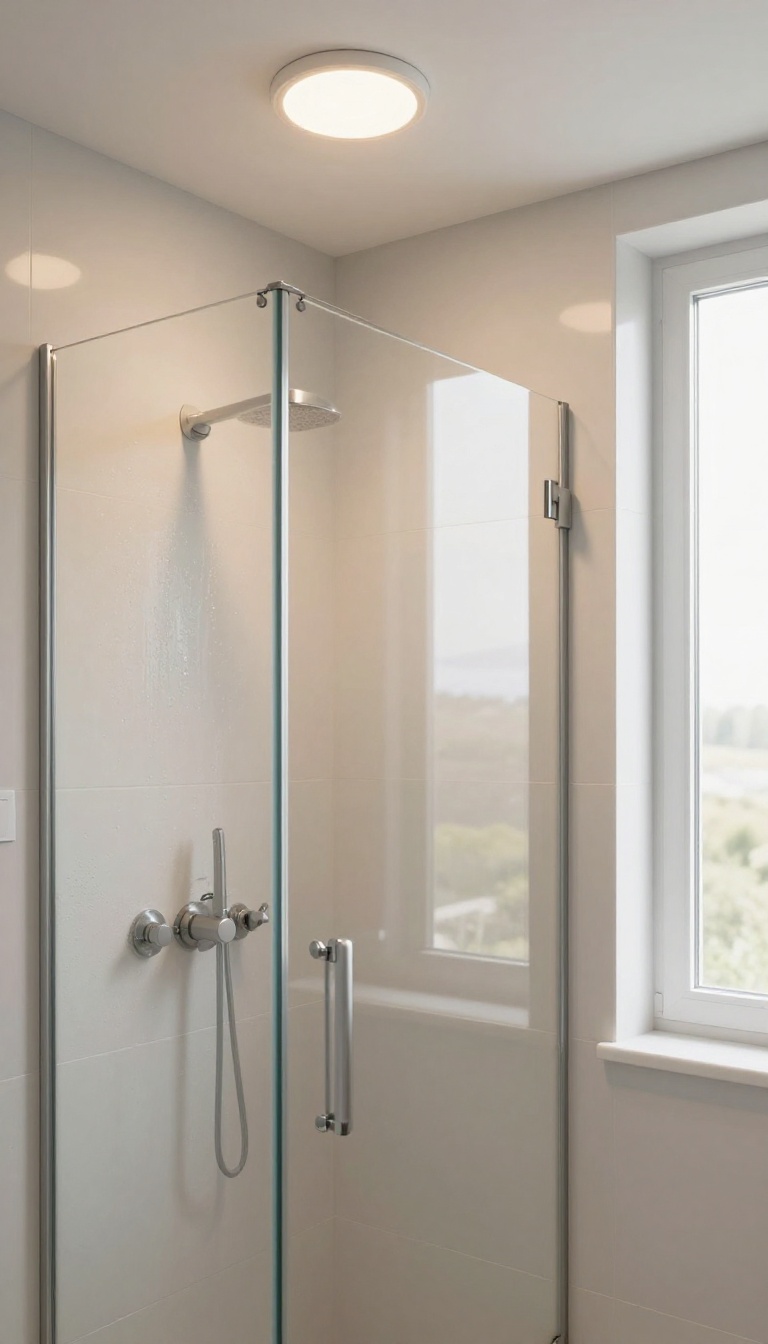 Modern bathroom shower with a dimmable recessed ceiling light glowing warmly above a glass enclosure and tiled wall