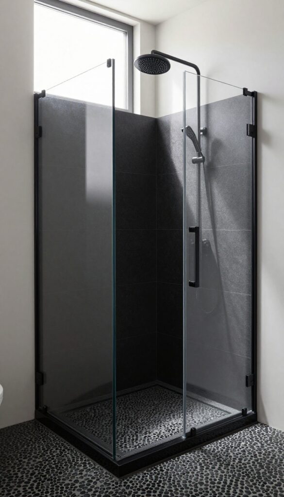 Black pebble floor in a frameless glass walk-in shower with matte black walls, creating a spa-like feel.