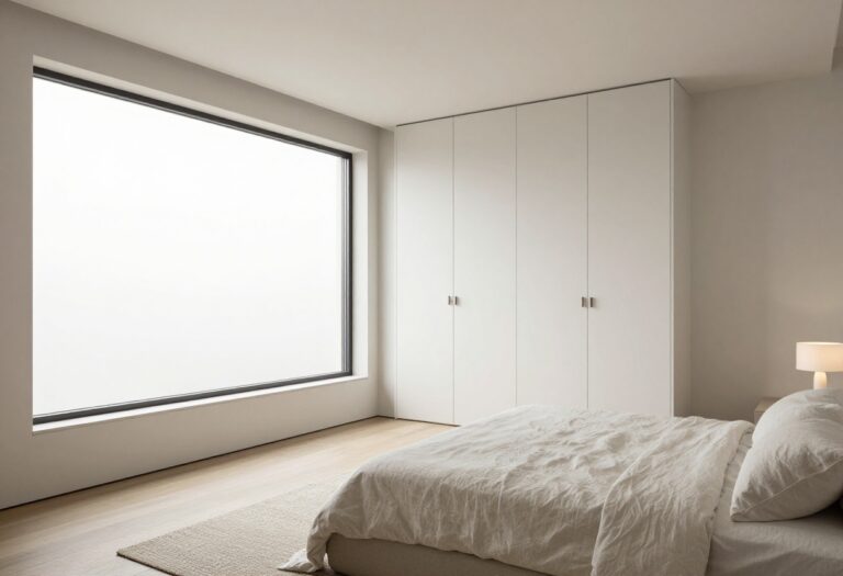 Modern bedroom with a stylish built-in wardrobe and warm natural light.