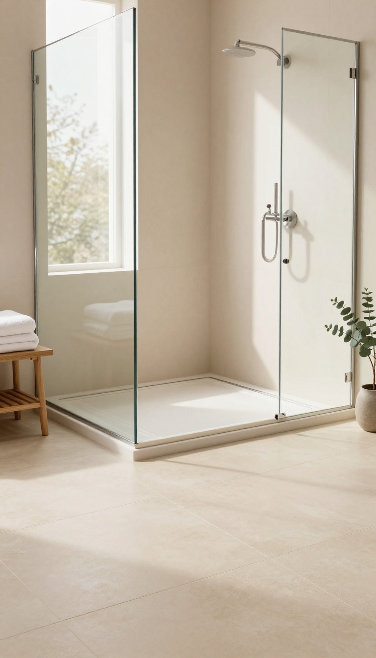 Bright curbless walk-in shower with warm tile floor and frameless glass in a modern bathroom