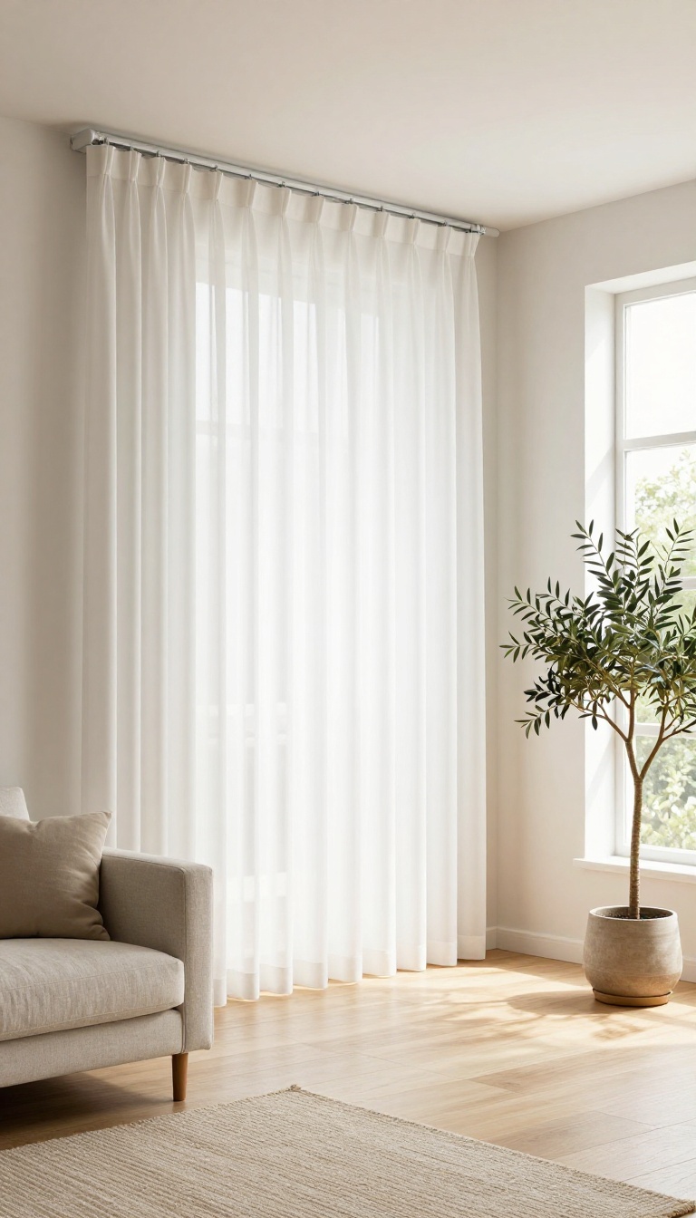 Open concept living room with ceiling-mounted sheer curtains dividing the living area from a home office nook