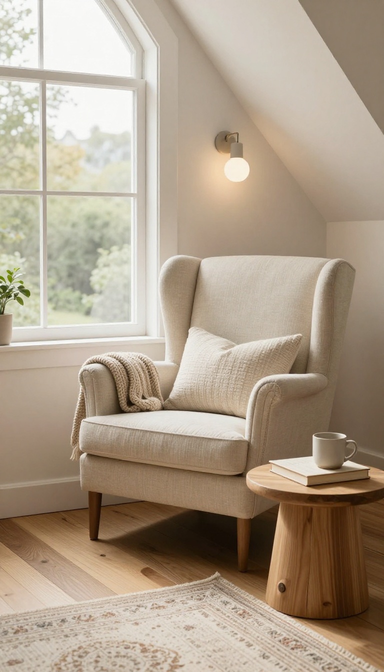 Cozy reading nook in the corner of an upstairs loft living room with a wingback chair, small side table, and warm wall sconce by a bright window