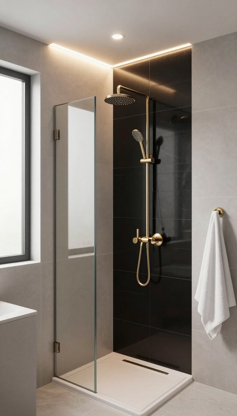 Glossy black tile accent wall in a small shower reflecting warm light with brass fixtures and bright recessed lighting