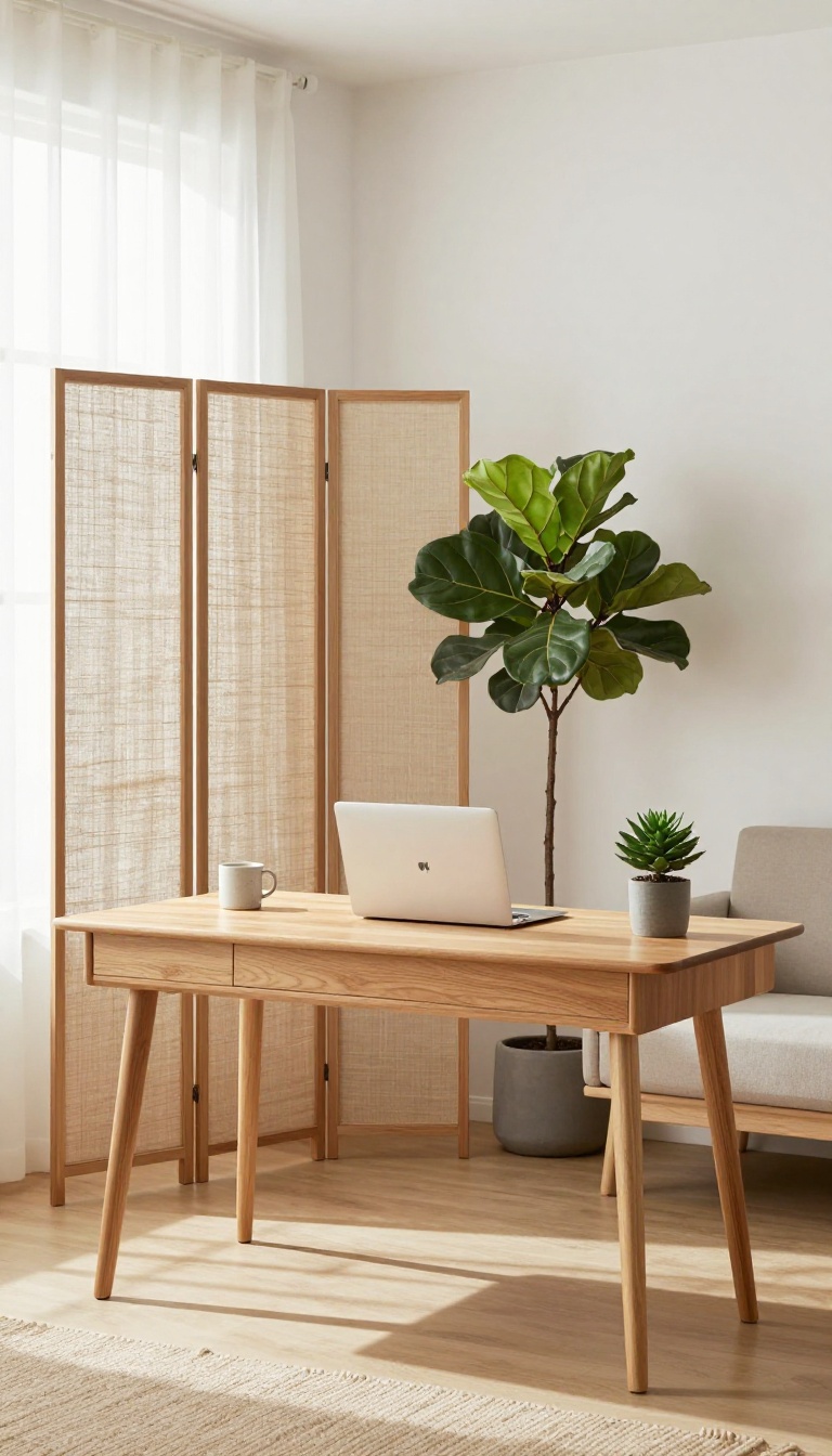Bright living room corner with a slim desk, folding screen, and tall plant creating a small work nook in an open-plan space