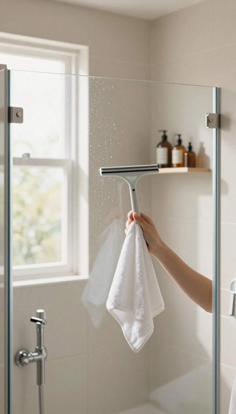 Over-the-door hook on a glass shower door holding a squeegee and small towel in a bright clean bathroom