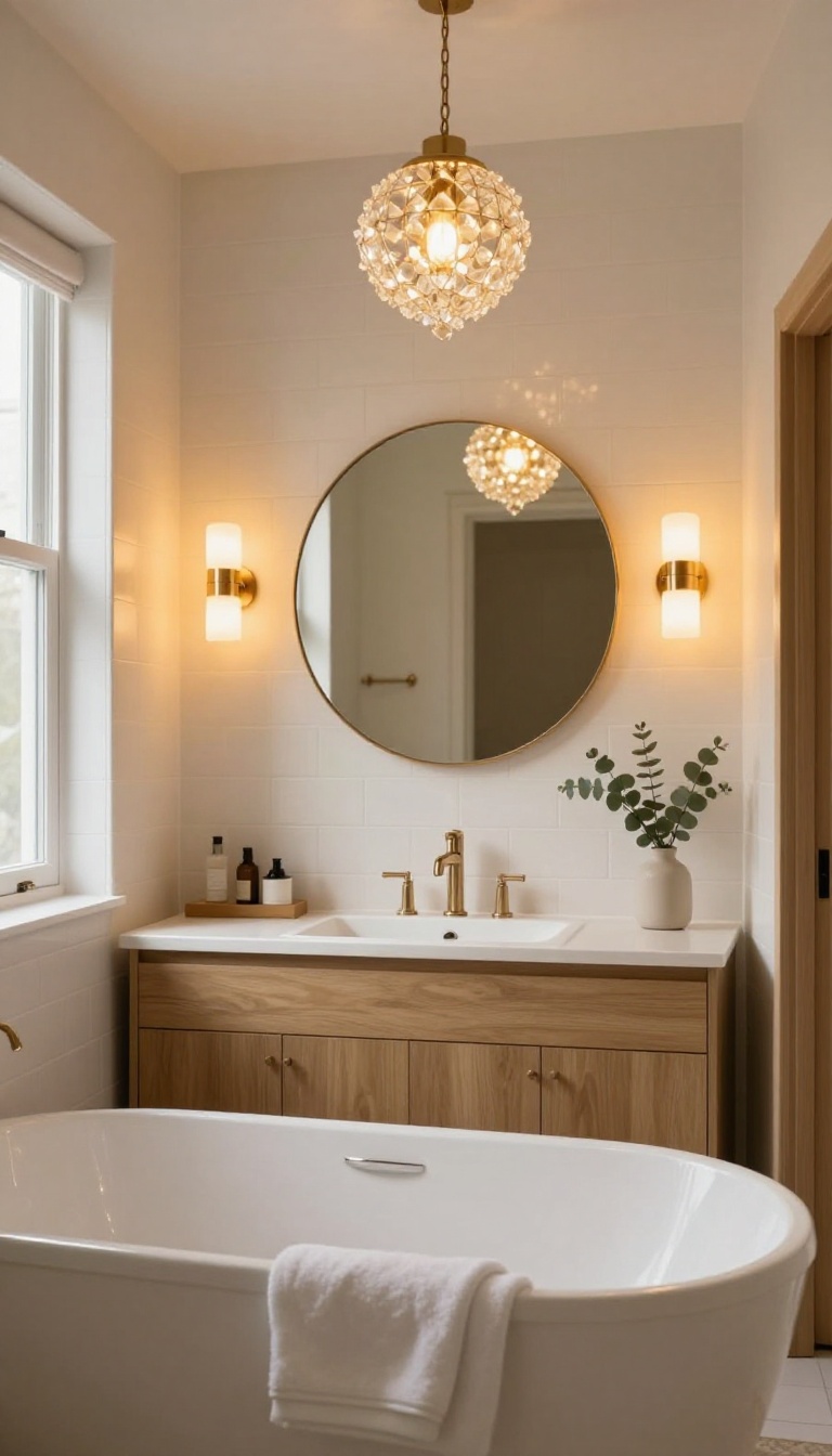 Warm bathroom with a freestanding tub under a small chandelier and dimmable sconces beside a round mirror, glowing with soft golden light.