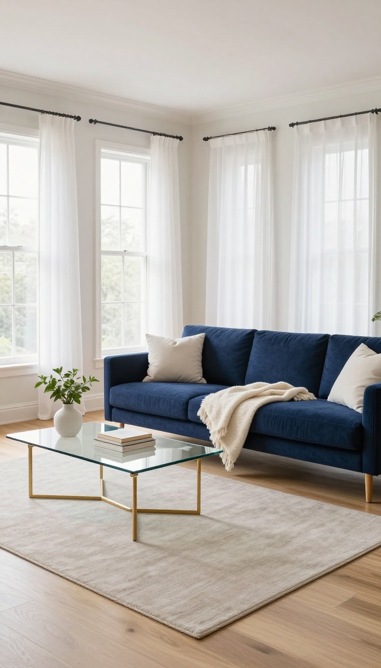 Bright living room with a navy blue couch and a light glass coffee table with brass legs on a pale rug, styled with natural light and airy decor