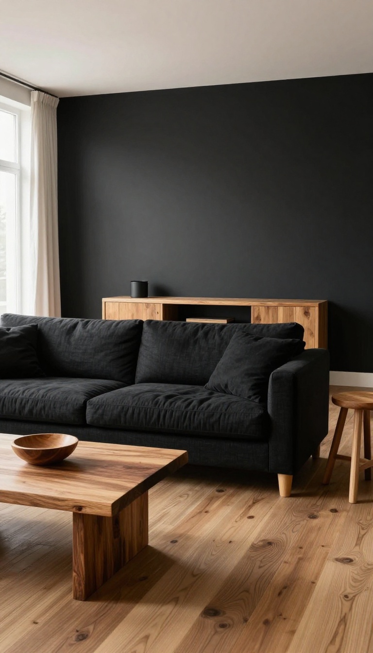 Modern black living room with a walnut coffee table, oak media console, and warm natural wood accents softening dark walls in bright daylight