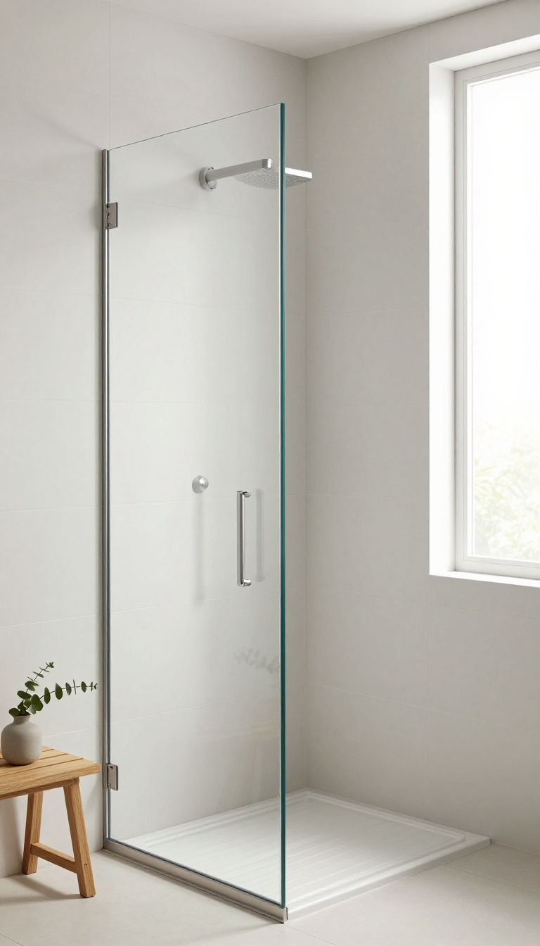 Frameless corner glass shower panel held by a slim brushed nickel U-channel along the floor and C-channel on the wall, with large white tile meeting the metal profile in a clean straight seam