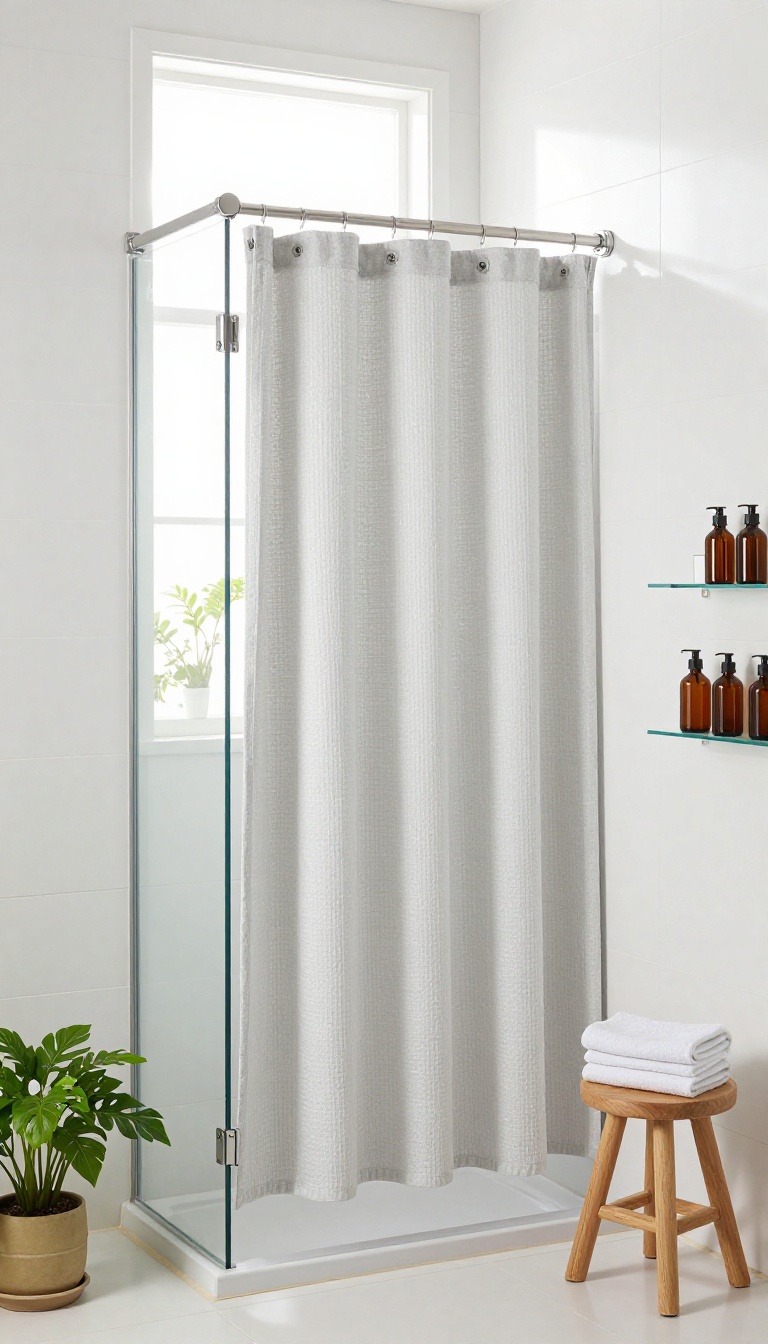Walk-in shower with a soft gray fabric liner behind a white curtain, adding texture and warmth to the bathroom.