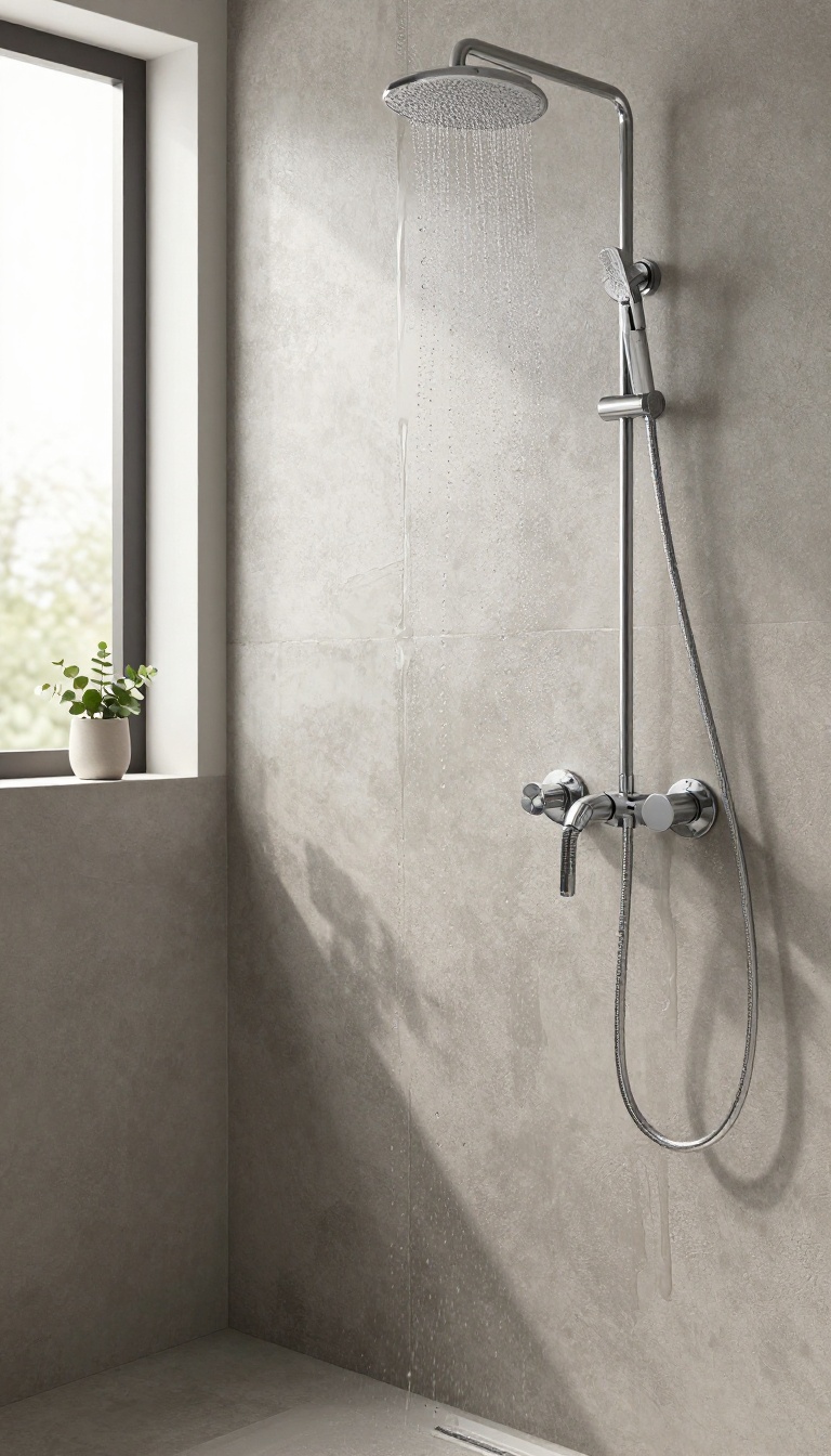 Glossy sealed concrete backer board shower wall with water beading in a bright modern bathroom