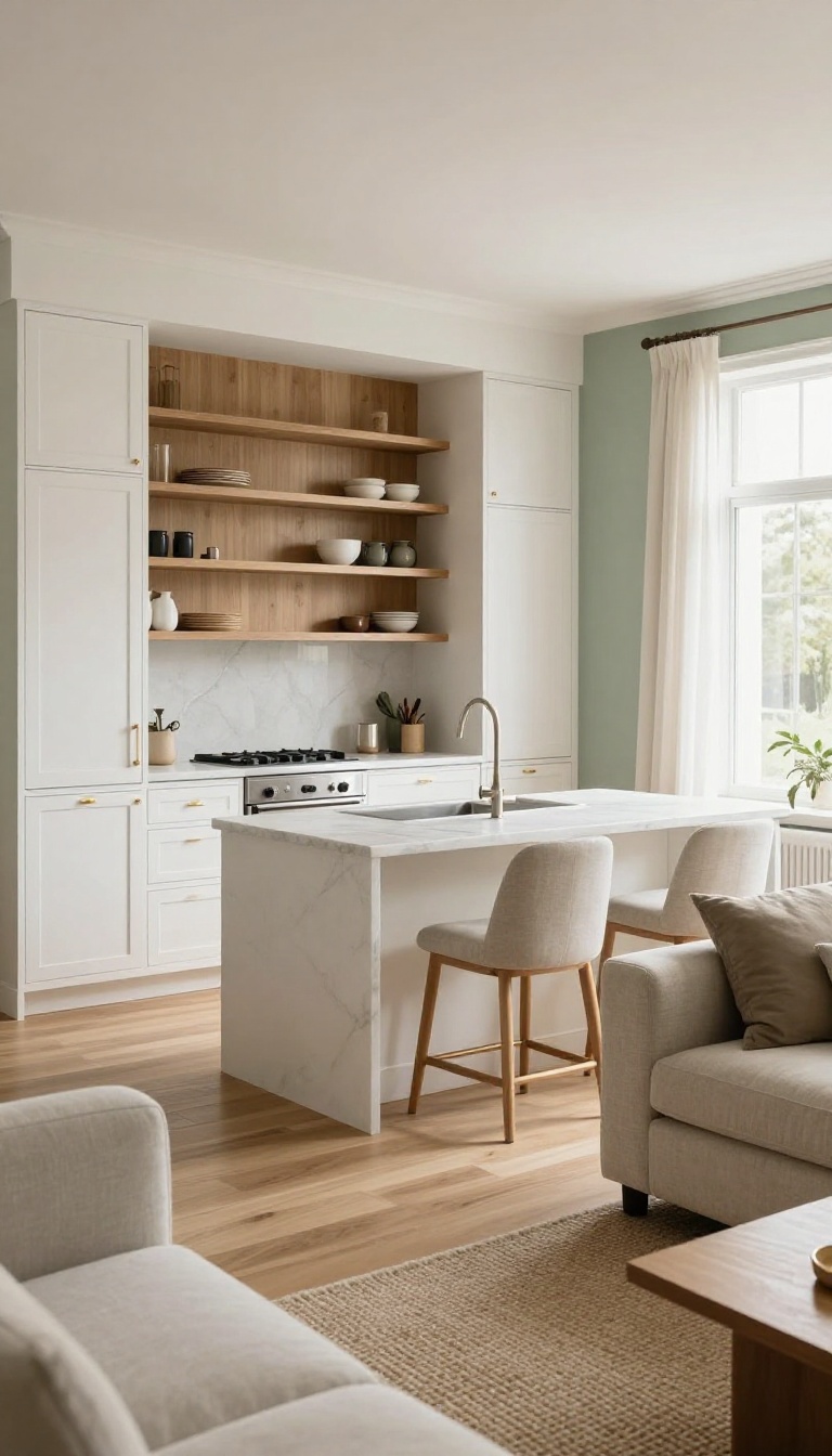Bright galley kitchen with a peninsula and bar stools opening into a sunlit living room with a linen sofa