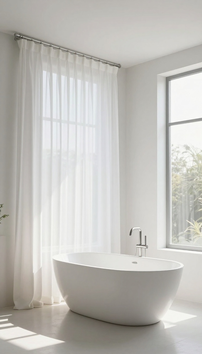 Bathroom with ceiling-mounted shower curtain rod and floor-to-ceiling sheer curtain