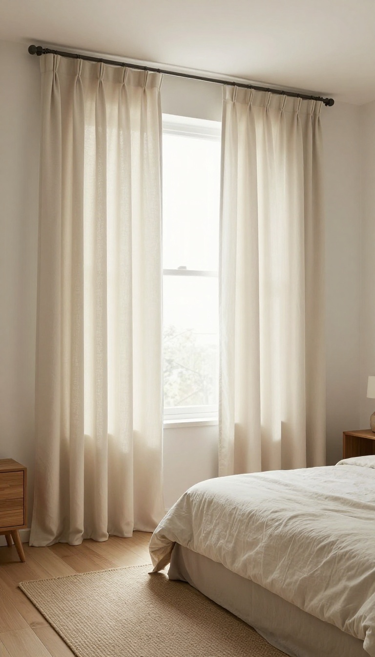 Small square bedroom with floor-length curtains hung high near the ceiling and wide past the window frame to make the room feel taller and larger
